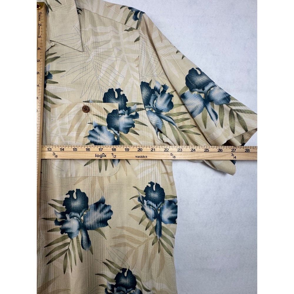 Banana Cabana Mens Large Silk Hawaiian Shirt Tan Blue Floral Short Sleeve Button - Picture 5 of 7
